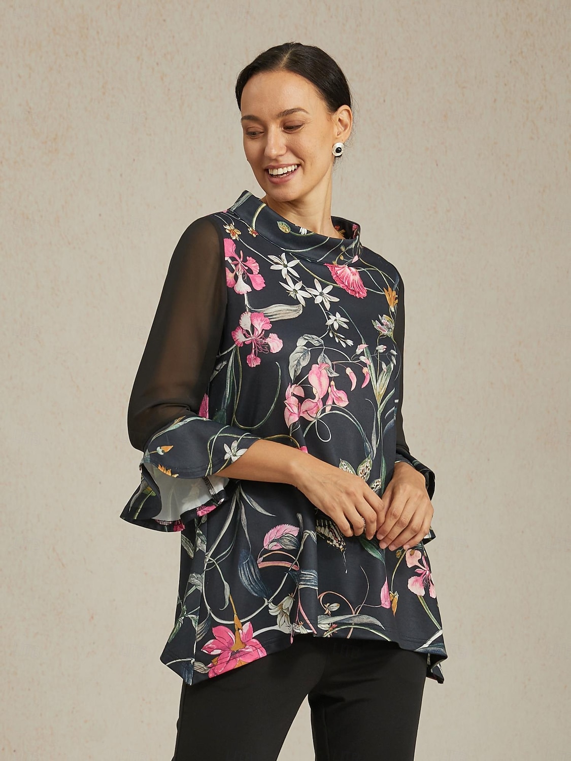 Damenbluse schwarz Blumendruck Stretch Chiffon Ärmel Bateau-Ausschnitt lässig täglich Frühling Sommer Herbst 2025 - $61.99 –P3