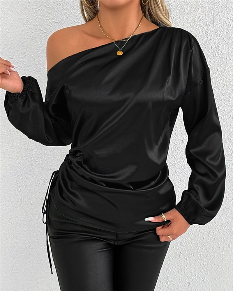Mulheres Camisa Social Elegant Elegante Top de cetim Assimétrico Tecido à moda Casual Manga Longa ombro frio Tops regulares Diário Para Noite Preto Verde Primavera Outono de 2026 por $28.99 –P1