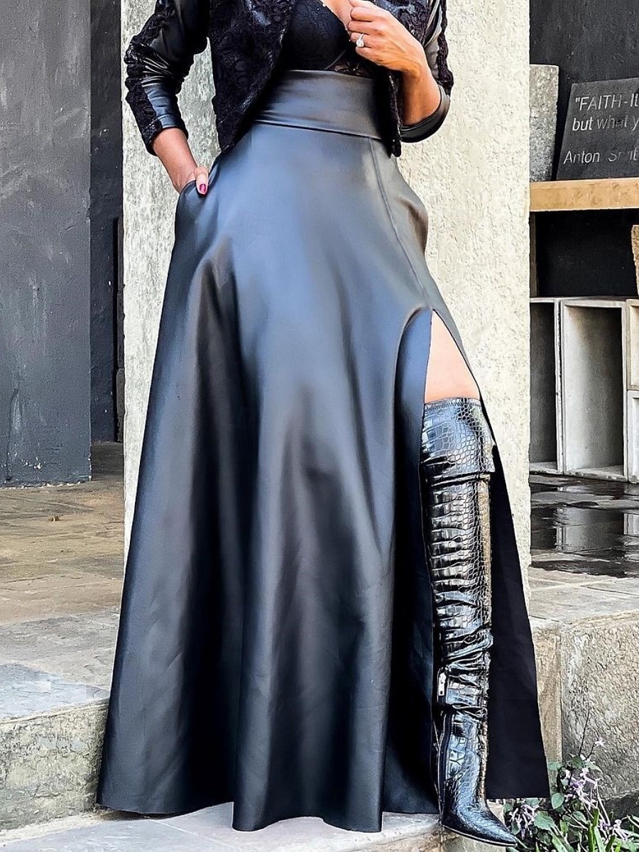 Pentru femei Elegant Modă Casual Maxi Talie Înaltă Fuste Simplu Varfuri despicate Inelastic Zilnic Petrecere Roșu Vin Negru Roz Îmbujorat Maro Primăvară 2026 - $48.99 –P1