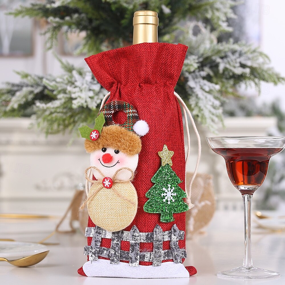 Упаковка из 4 мешковинных рождественских чехлов для бутылок вина с завязкой, с рисунком снежной куколки, клетчатый праздничный чехол для упаковки вина, шампанского, праздничных украшений 2025 - $17.99 –P8