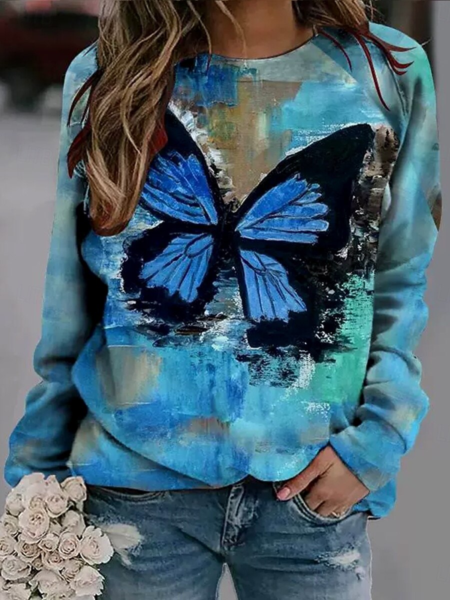 Per donna Pullover Grafico Animale Farfalla Casual Manica Lunga Girocollo Top Regolari Casuale Bianco Blu Blu scuro Autunno Inverno del 2025 a $26.99 –P3