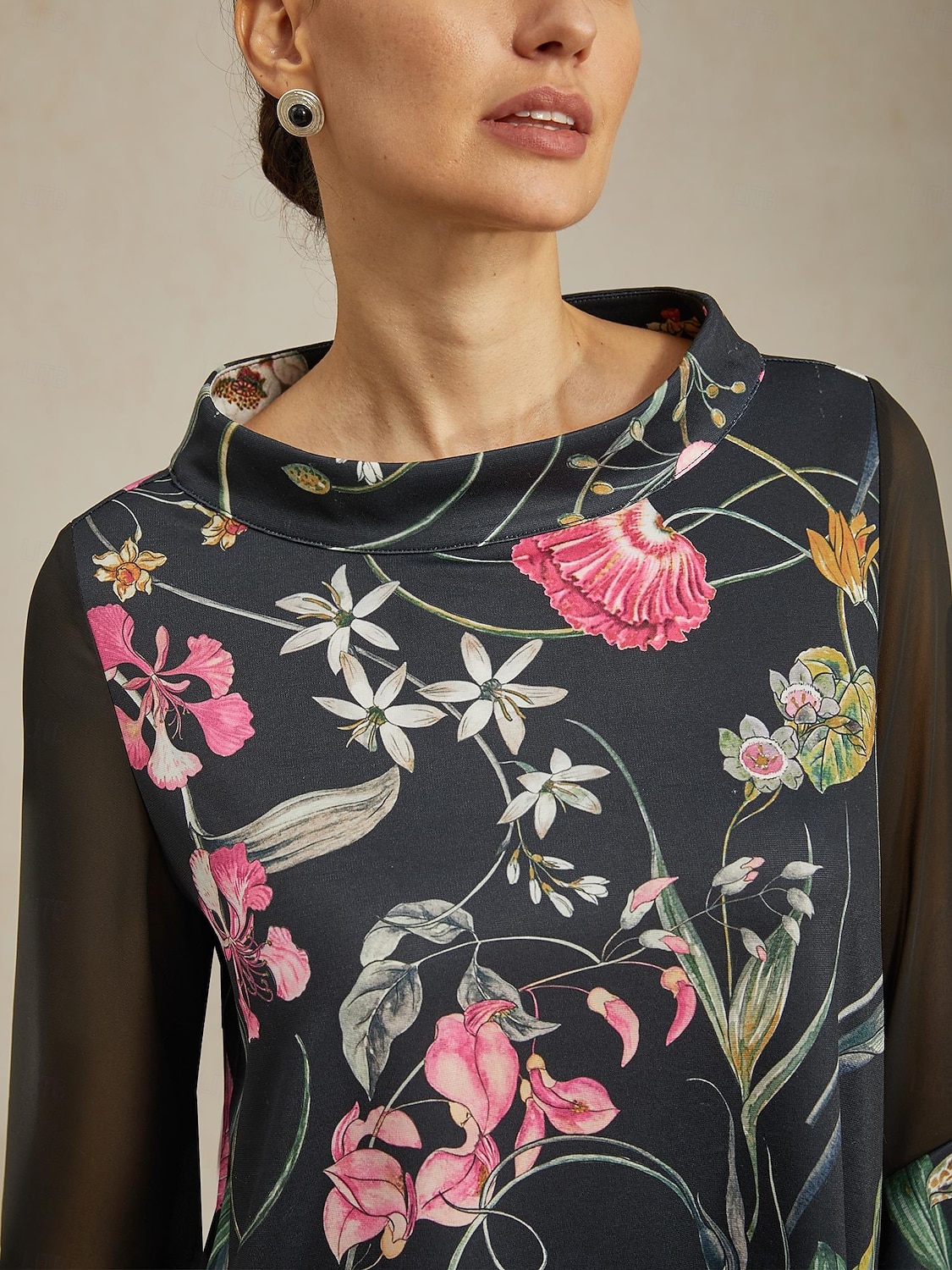 Damenbluse schwarz Blumendruck Stretch Chiffon Ärmel Bateau-Ausschnitt lässig täglich Frühling Sommer Herbst 2025 - $61.99 –P5