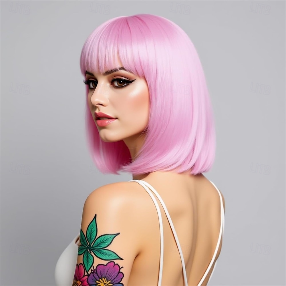 Perruque courte blanche platine avec frange, cheveux synthétiques ombrés à blonds, résistante à la chaleur, 12 pouces, pour femmes de 2025 ? $21.99 –P11