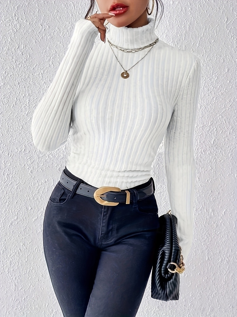 Damen Bluse Einfarbig Stilvoll Lässig Langarm Rollkragen Normale Oberteile Täglich Gerafft Knöpfe Schwarz Weiß Purpur Aprikose Grau Frühling Herbst Winter 2025 - $17.99 –P23