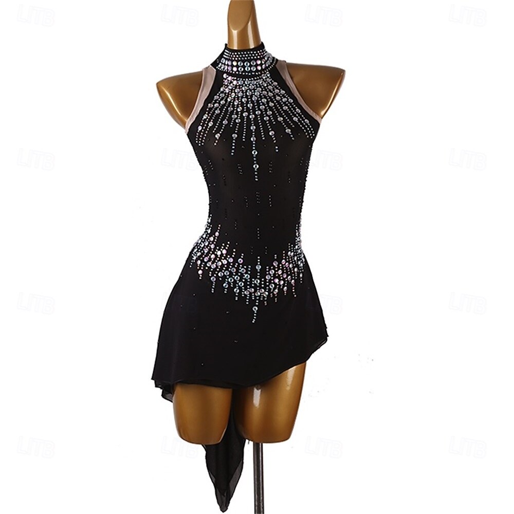 Figure Skating Dress Girls' Ice Skating Dress Black Patchwork Asymmetric Hem Stretchy Training Competition Skating Wear Classic Crystal / Rhinestone Sleeveless Ice Skating Figure Skating 2026 - $201.89 –P3
