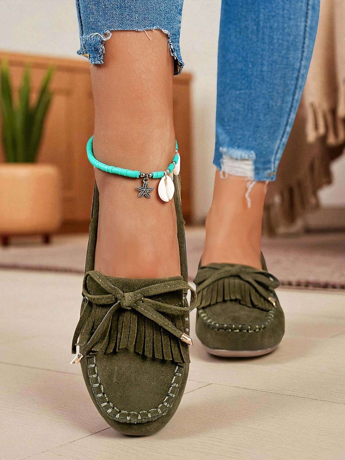 Mocasini damă verde militar din piele întoarsă artificială cu ciucure și franjuri – pantofi sport casual pentru purtare zilnică și plimbare 2025 - $24.99 –P3