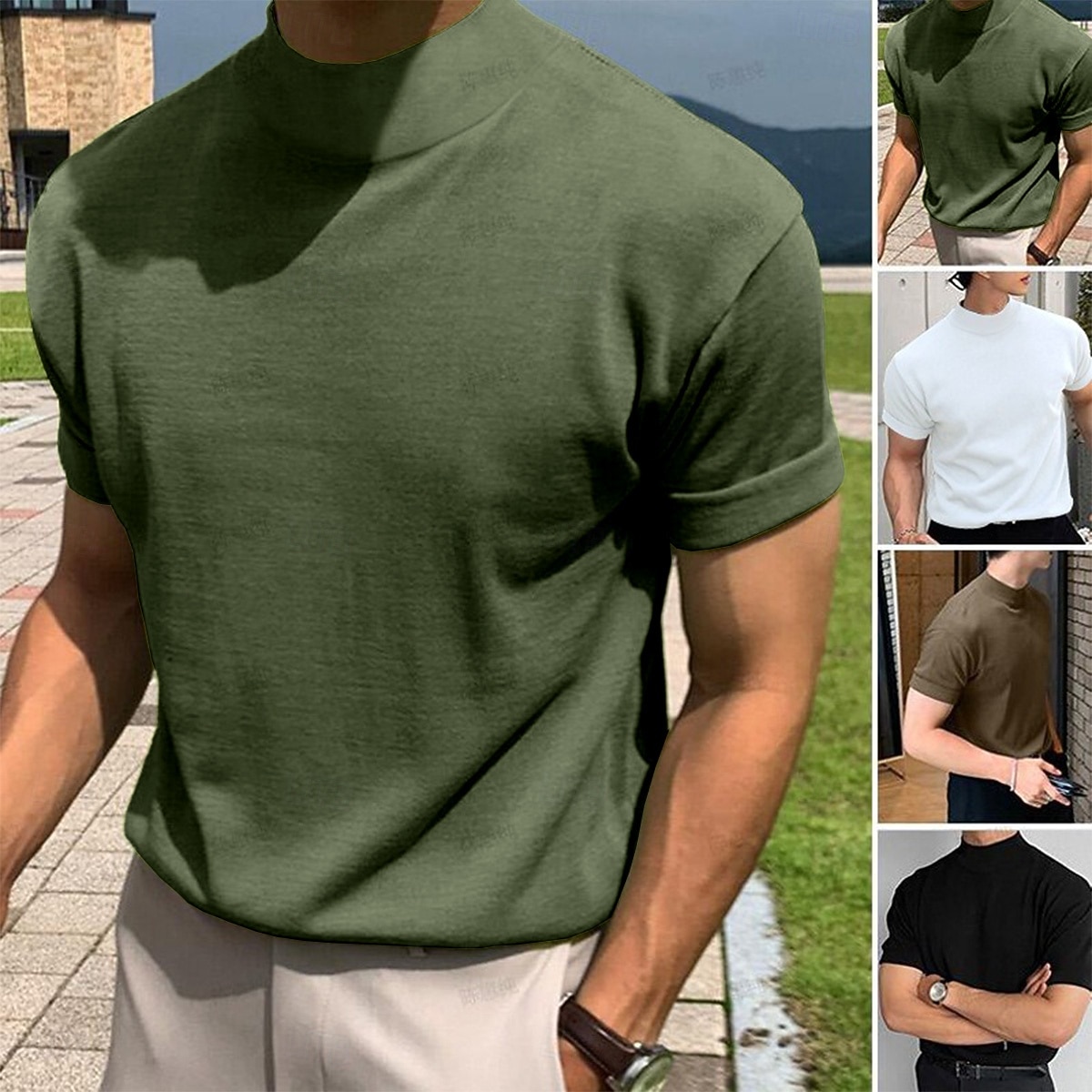 Men's T Shirt Tee Top Mock Turtleneck Short Sleeve Turtleneck Summer Spring Solid Color Classic Light Brown Top Tee for Men 2026 - $16.49 –P6