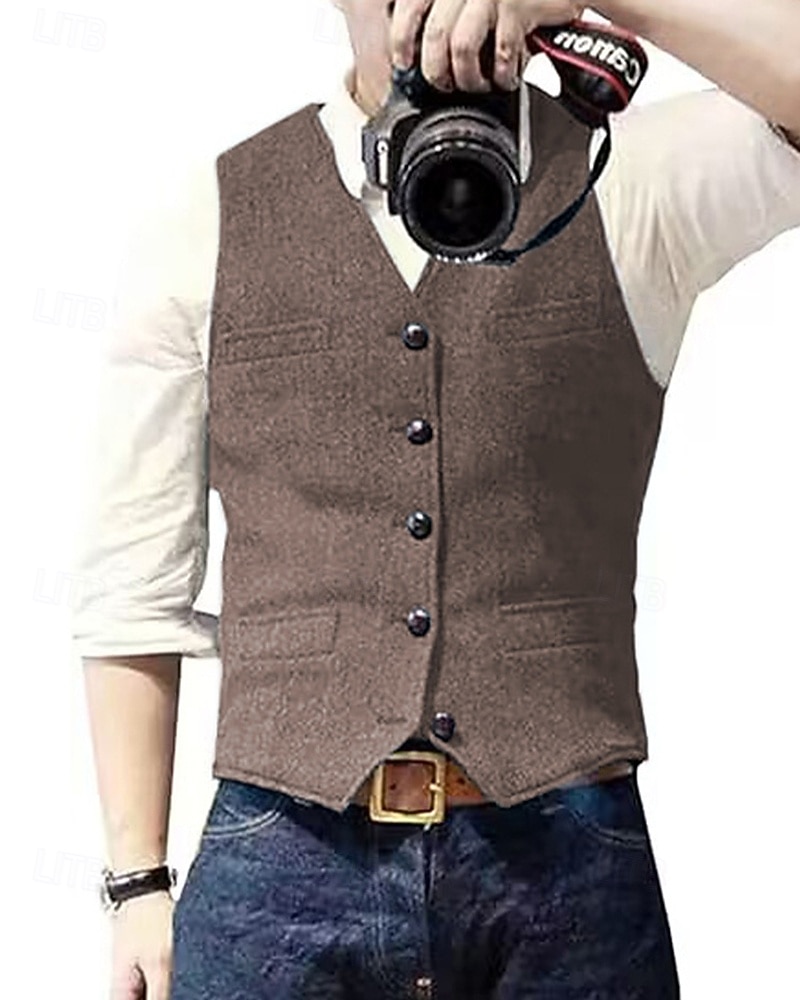 Hombre Chaleco Vacaciones Fiesta Negocio Moda Casual Primavera Otoño Bolsillo Botones Poliéster Cómodo Color sólido Recto 1 botón Escote en Pico Ajuste regular Plata Negro Champaña Vino Chaleco 2025 - $24.99 –P2