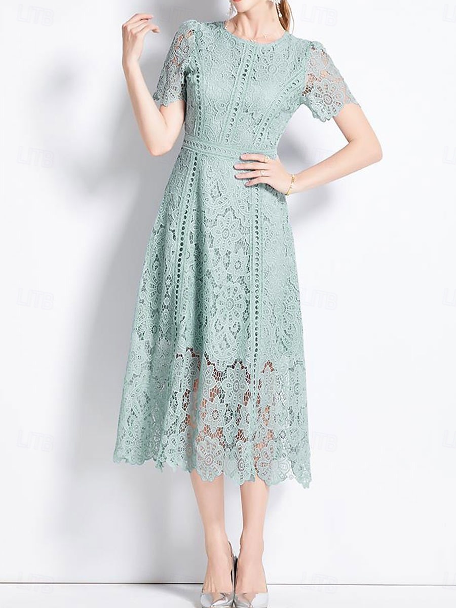 Mutter der Braut Kleid Elegantes Kleid Crew-Ausschnitt Teekleid Spitze Kurzarm mit Spitze 2026 - $91.99 –P4