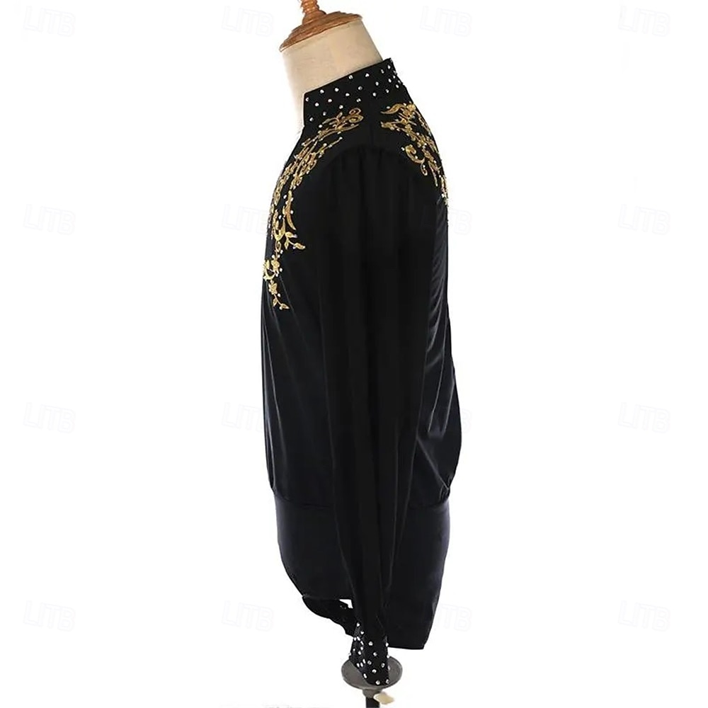 Figure Skating Top Men's Boys' Ice Skating Tops Black Patchwork Spandex High Elasticity Training Competition Skating Wear Classic Crystal / Rhinestone Long Sleeve Ice Skating Figure Skating 2025 - $338.09 –P5