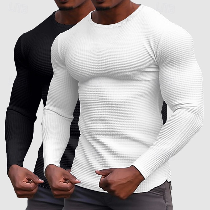 Men's Waffle Shirt T Shirt Tee Top Long Sleeve Shirt Long Sleeve Crew Neck Spring &  Fall All Seasons Plain Fashion Designer Basic 2 Piece Knitted Multi-pack Casual Vacation Street White+Black Top 2026 - $39.99 –P9