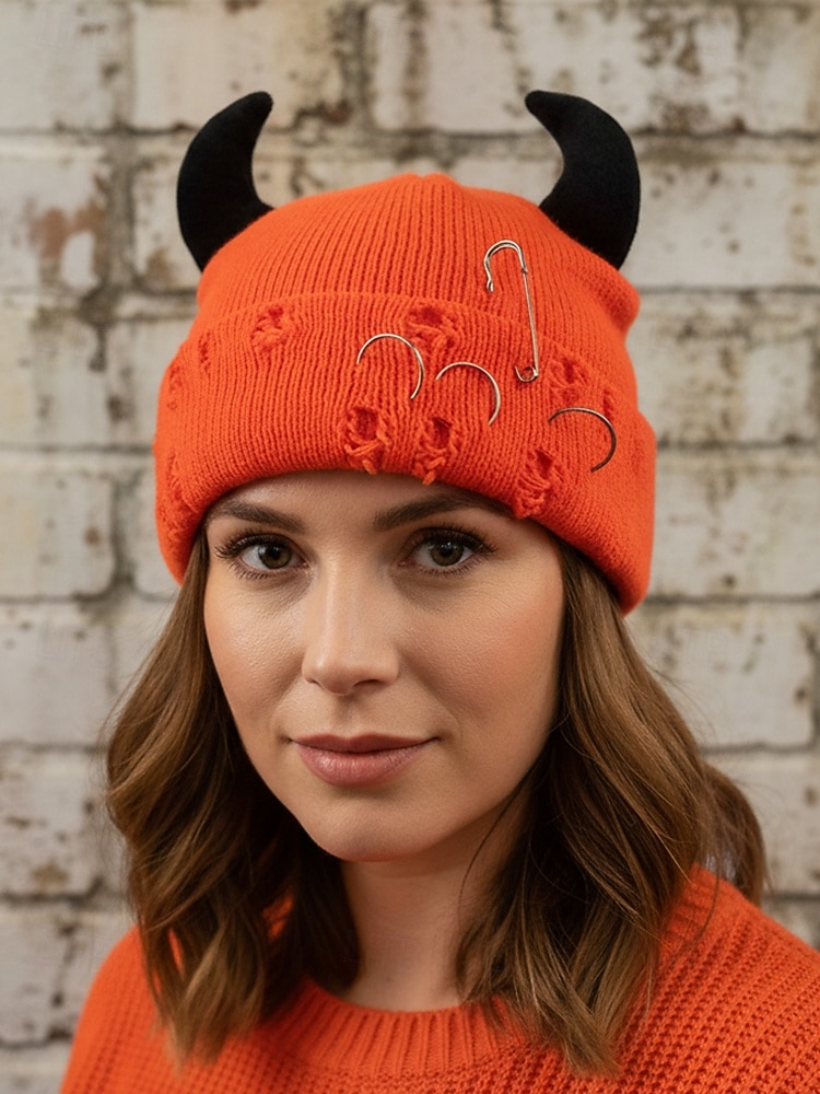 unisex halloween-paholaisen sarvineulepipo – goottilainen punk-kallomyssy hakaneulalla ja rengaskorjauksilla miehille ja naisille, juhla-asu 2025 - $11.99 –P2