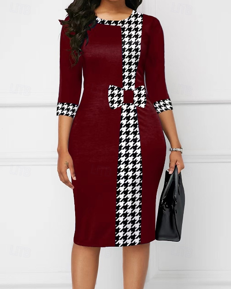 Femmes Robe Midi Moulant Mode Moderne Bureau Sortir Coupe régulière Pied-de-poule Manche 3/4 Col ras du cou Noir Vin Vert Bleu de minuit Printemps Automne de 2025 ? $21.99 –P4