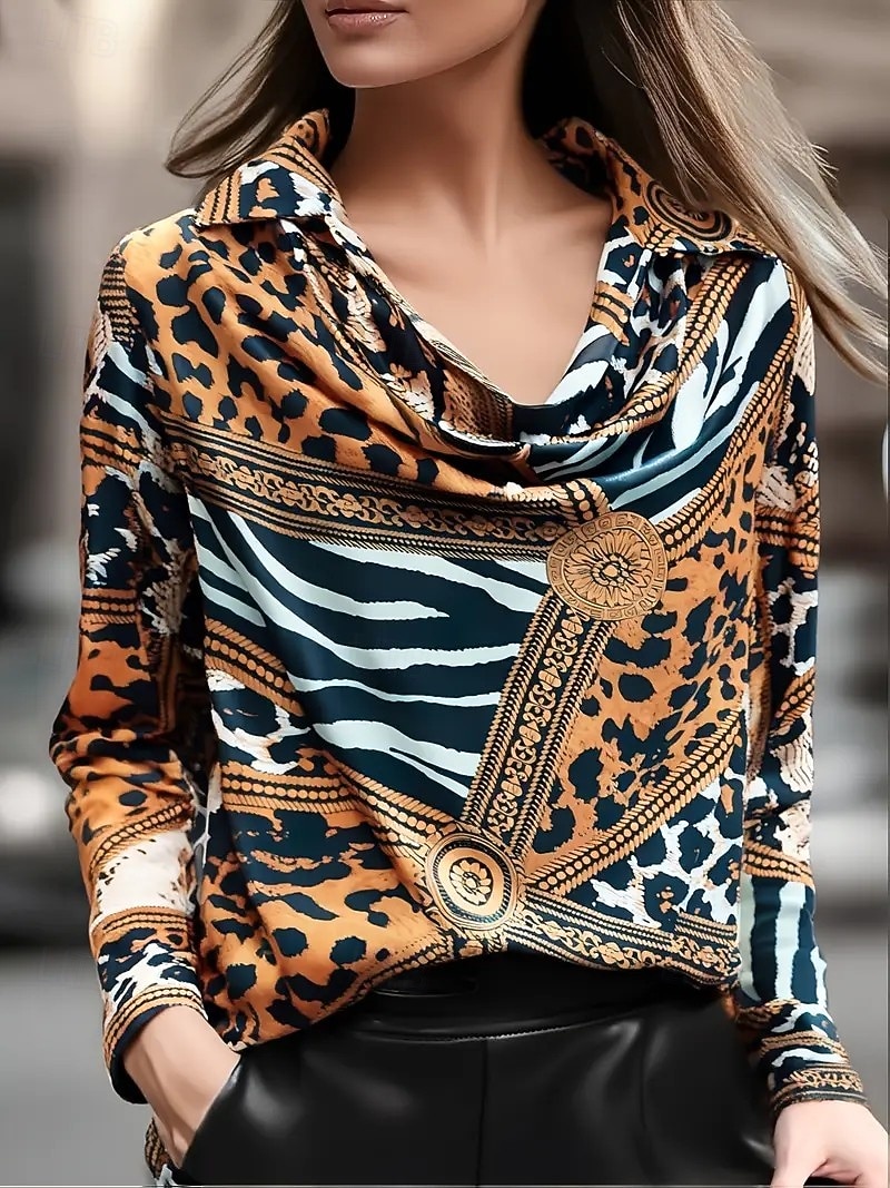 Damen Hemd Leopard Geometrisch Elegant Täglich Langarm Wasserfallausschnitt Normale Oberteile Arbeit Täglich Abendgesellschaft Drapiert Braun Frühling Herbst Winter Frühling, Herbst, Winter, Sommer 2025 - $29.99 –P2