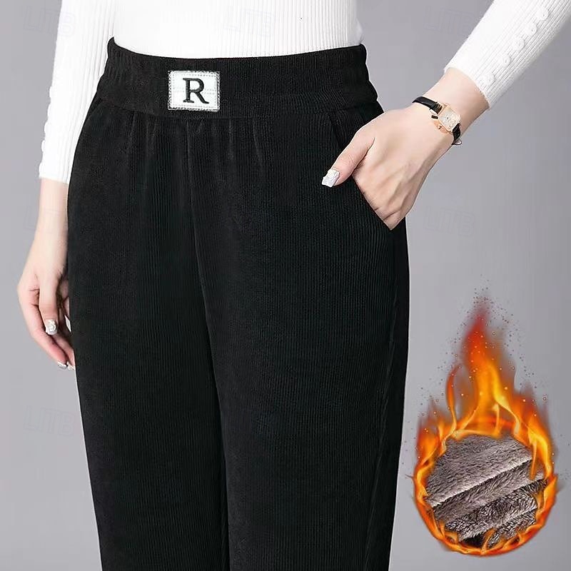Women's Straight Casual Full Length Mid Waist Plain Pocket Elastic Waist Thermal Warm Micro-elastic Vacation Street Holiday Black Khaki Coffee Winter Regular Fit 2025 - $20.99 –P6
