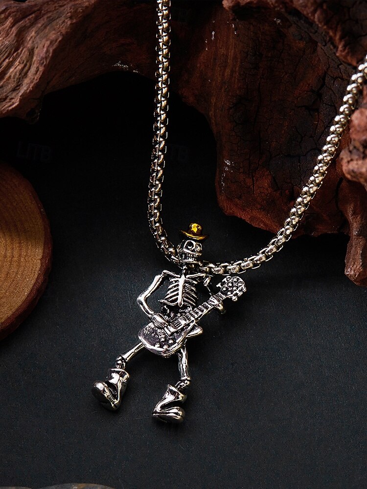 Collar con colgante de guitarra y calavera de Halloween para hombre, cadena de metal estilo rock punk, ideal para fiestas, conciertos y vida nocturna. 2025 - $9.99 –P4