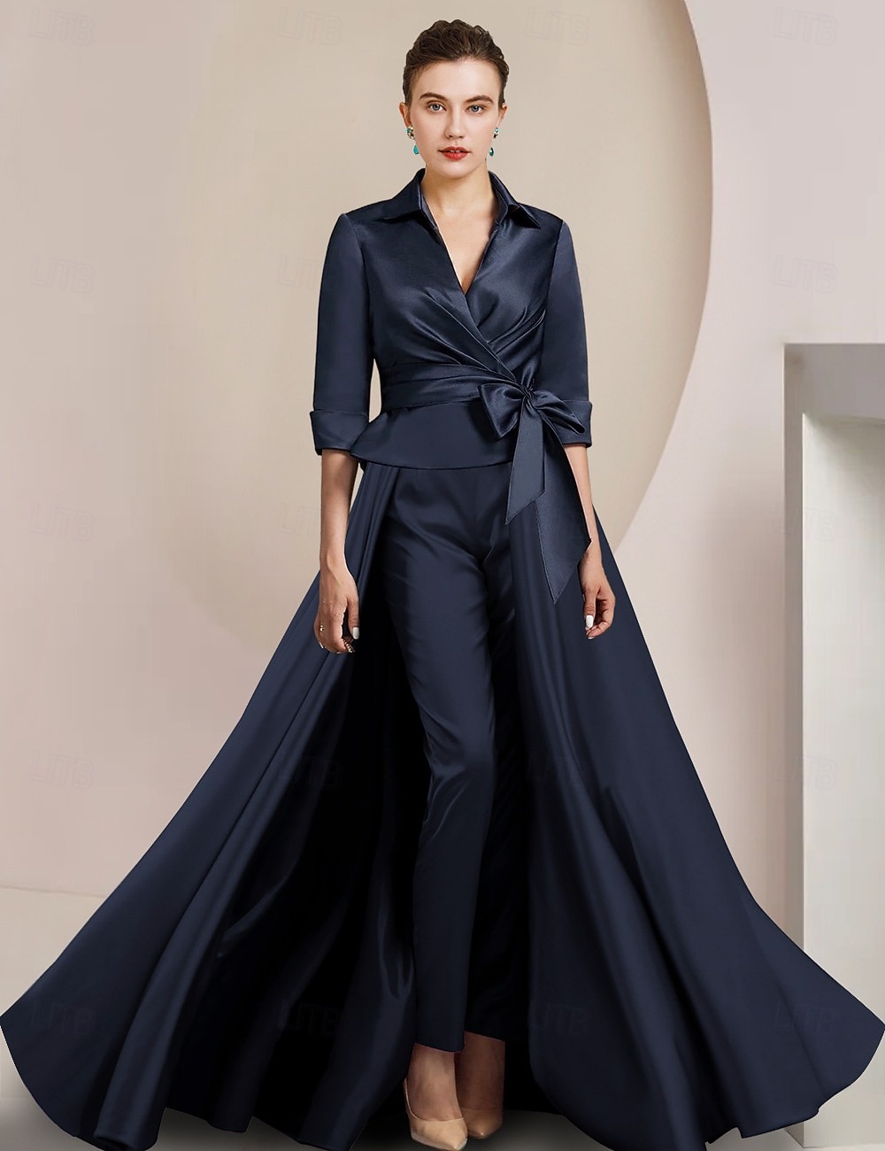 Dvoudílné Kalhoty Po kotníky Šaty pro matku nevěsty Poloviční rukáv Košilový límec Elegantní Formální Svatební host Satén s Mašle 2026 - $175.99 –P4