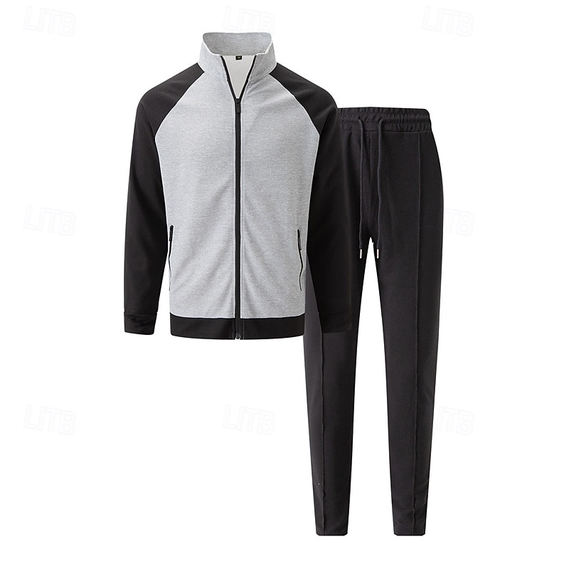 Men's Sweatshirt Tracksuit Outfit Set Stand Collar Outdoor Daily Sports Drawstring Zip Up Pocket Color Block White Brown Khaki Polyester Activewear Fashion Streetwear Spring 2025 - $36.99 –P11