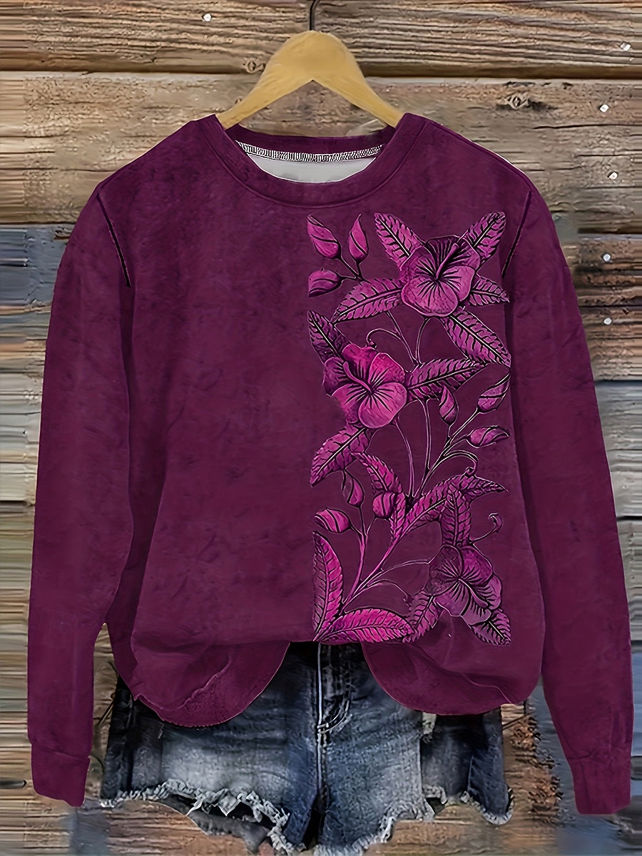 Damen Pullover Sweatshirt Druck Blumen Grafik Mode Lässig Langarm Rundhalsausschnitt Normale Oberteile Straße Alltagskleidung Blau Schwarz Purpur Orange Grün Frühling Herbst Winter 2026 - $29.99 –P1