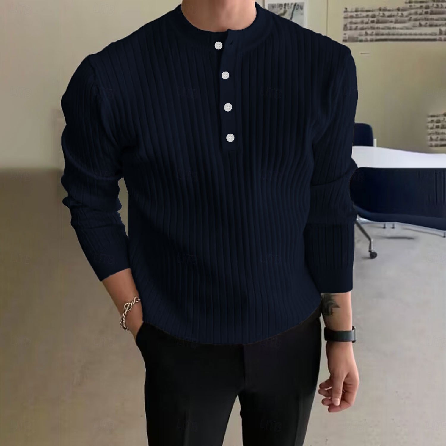 2025年 男性用 Tシャツ マッスルシャツ リブニットTシャツ ティートップ 長袖 ヘンリーカラー 春 秋 冬 平織り ピットストリップ ファッション デザイナー ベーシック 編み バケーション ストリート カジュアル ブラック ホワイト ブルー メンズトップTシャツ  コレクション – $19.99 –P1