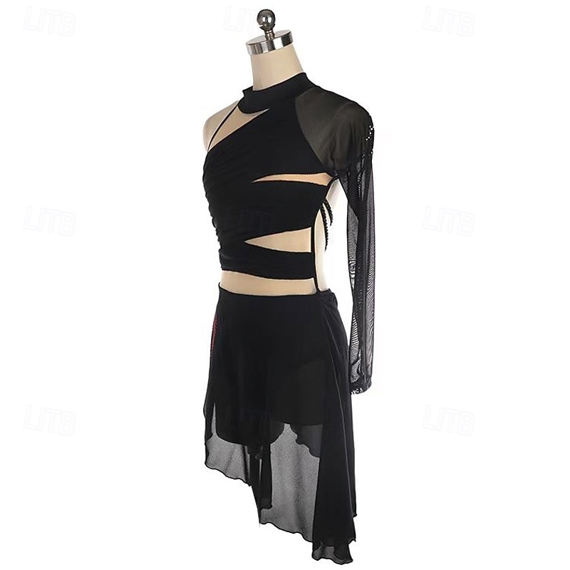 2026年 フィギュアスケート ドレス 女性用 女の子 アイススケート ドレス ブラック パッチワーク 指穴付き メッシュ スパンデックス 伸縮性あり 訓練 レッスン用 プロフェッショナル スケートウェア 保温 クリスタル・ラインストーン 長袖 アイススケート フィギュアスケート  コレクション – $274.59 –P3