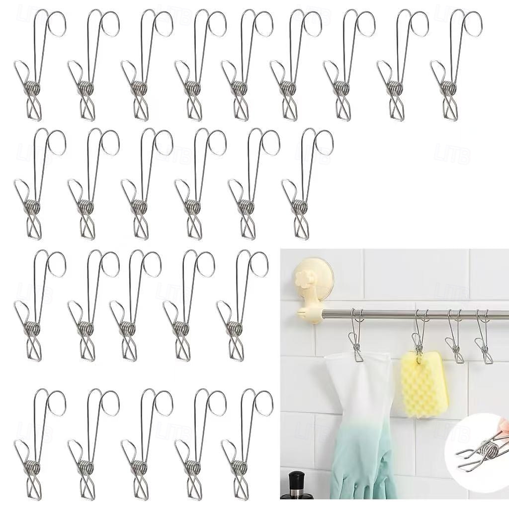 2026年 25個のステンレススチール製洗濯バサミフッククリップ、丈夫な吊り下げクリップ、多目的湾曲フッククランプ、キッチンバスルーム収納、家庭用洗濯物干し用靴下乾燥オーガナイザー、再利用可能な金属クリップ。  コレクション – $16.99 –P1