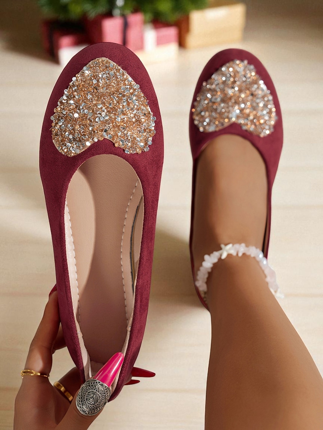 Women's Burgundy Faux Suede Flats with Sparkly Heart Rhinestone Design – Chic Dress Shoes for Ladies, Great for Christmas Parties and Daily Outfits 2025 - $24.99 –P3