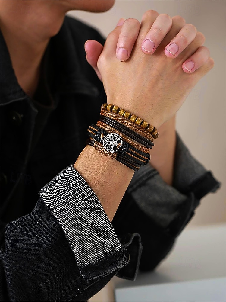 flerlags armbåndsett i ekte skinn for menn – bohemsk perlebesatt livets tre-armbånd for uformelt bruk, fest og reiser 2026 - $9.99 –P4