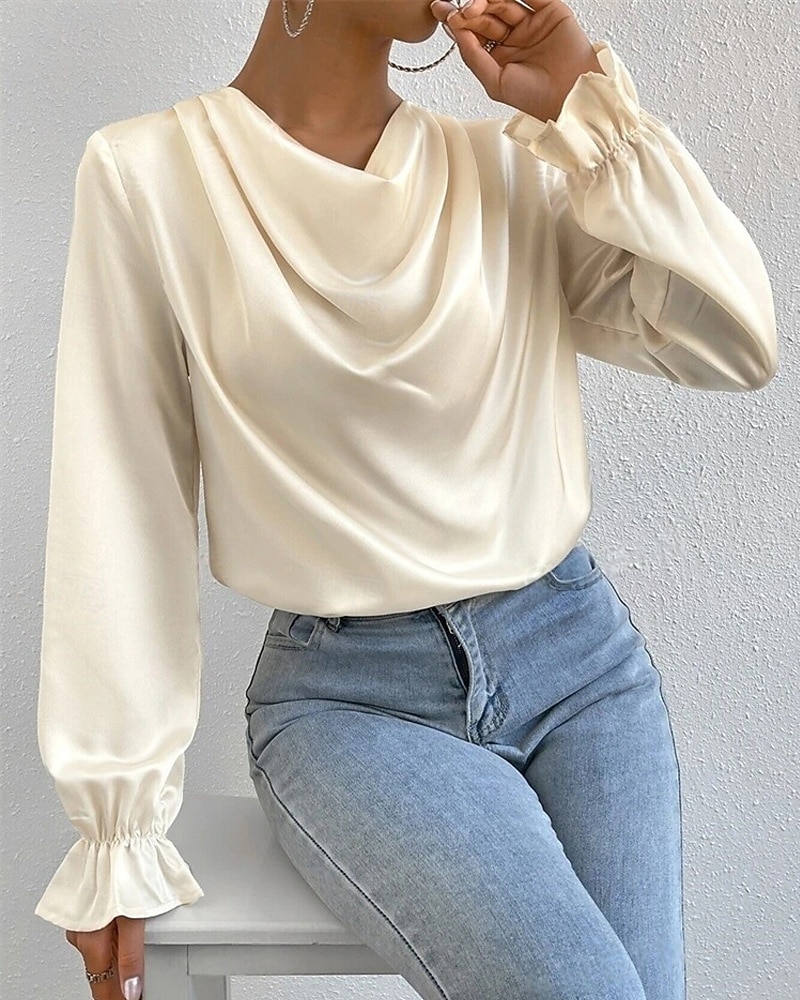 Femmes Chemise Chemise en satin Uni Élégant Occasionnel manche longue Col Bénitier Hauts Réguliers Quotidien Sortir Drapé Noir Rose Claire Vert Abricot Printemps Automne de 2025 ? $18.99 –P15