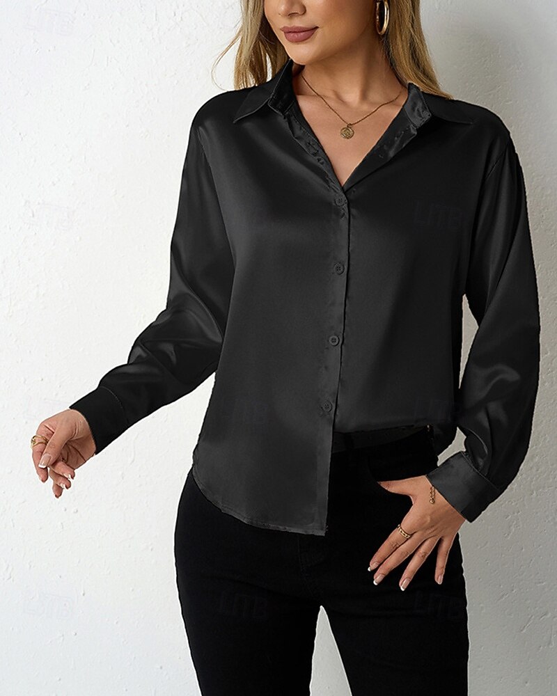 Damskie Koszula Elegancki Szykowny Top satynowy Guziki Równina Elegancki Codzienny Długi rękaw Kołnierzyk koszuli Zwykłe topy Codzienny Wyjściowe Czarny Czerwony Granatowy Królewski błękit Beżowy 2026 - $27.99 –P8