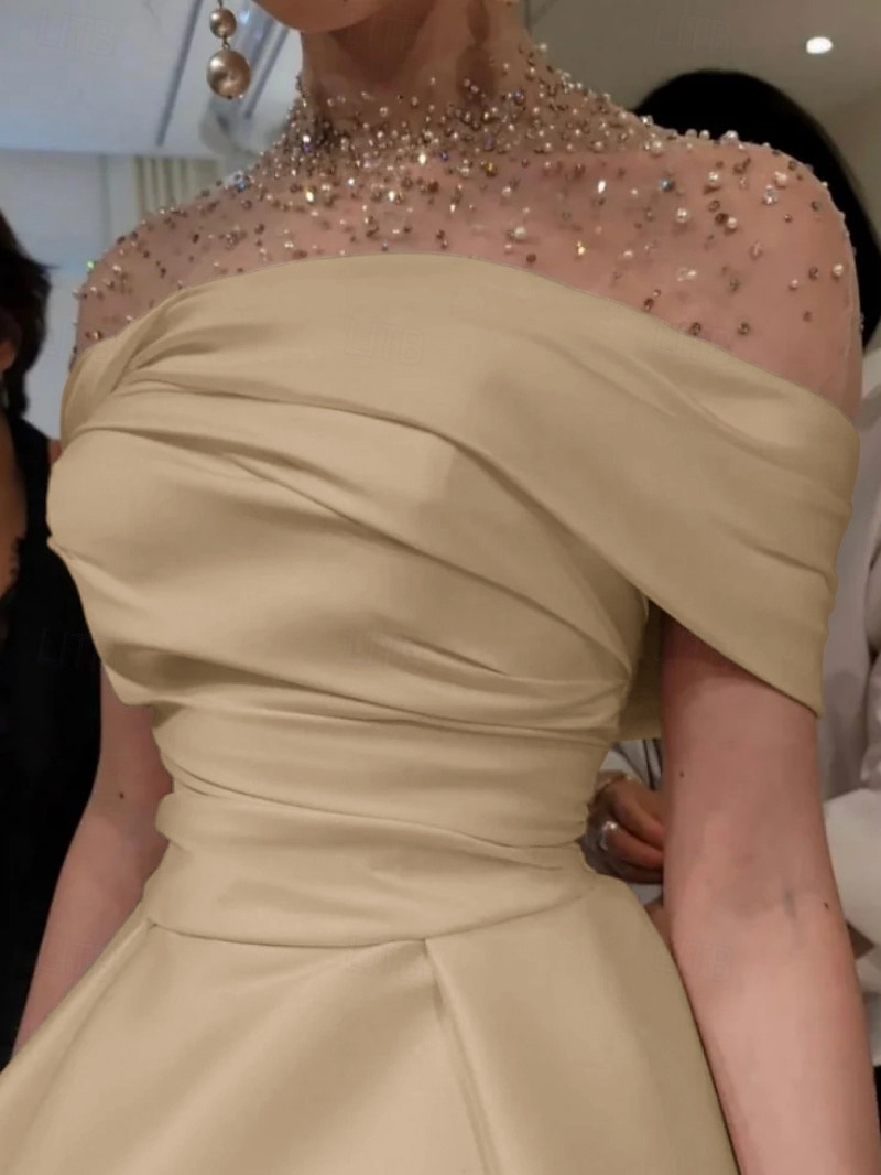 Ligne A Longueur au sol Robes de Bal Robe de Soirée Tenue de soirée Élégant Manche Courte Col Illusion Formel Satin avec Froncé Perlage de 2025 ? $169.99 –P2