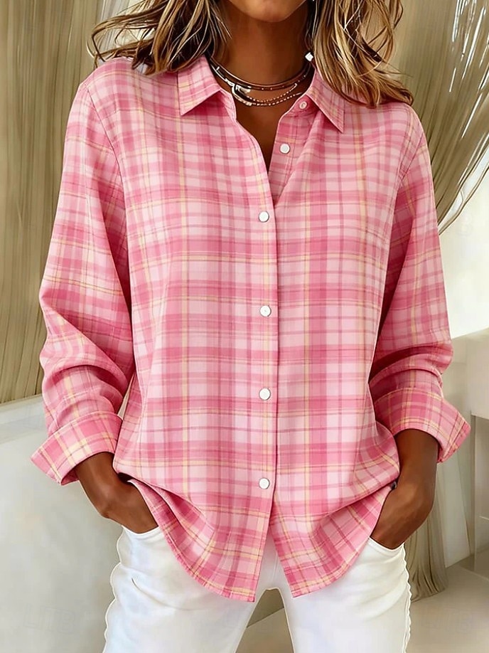Γυναικεία Πουκάμισο Μπλούζα Κουρελού Κουμπιά Στάμπα Καρό Καθημερινό Μακρυμάνικο Κολάρο Πουκαμίσου Κανονικά μπλουζάκια Καθημερινά Θαλασσί Πράσινο Ανοικτό Ανθισμένο Ροζ Ρουμπίνι Πορτοκαλί 2026 - $32.99 –P5