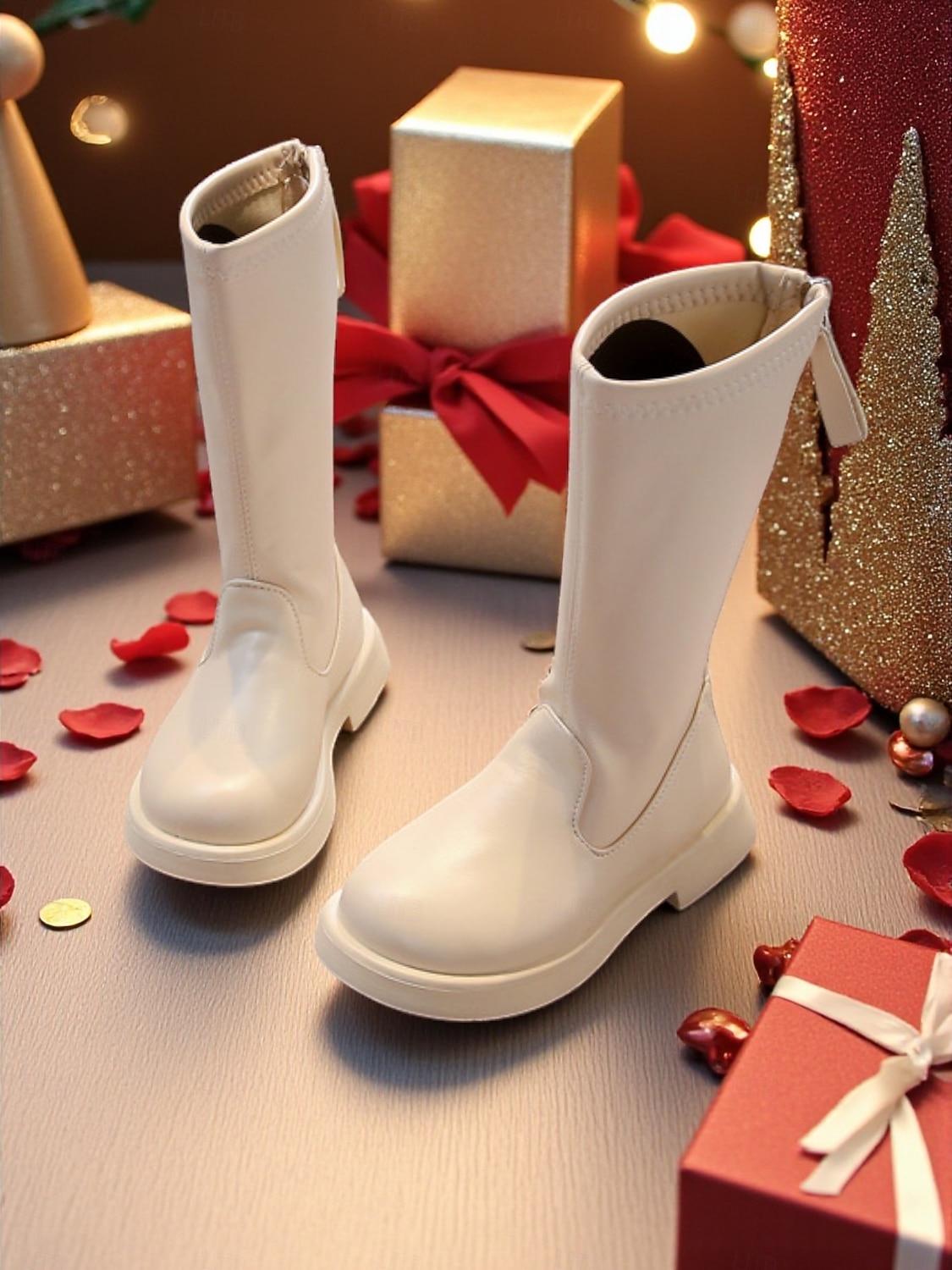 Koreaanse idool geïnspireerde popster kostuum schoenen meisjes witte imitatie leren halfhoge laarzen met rits aan de zijkant, comfortabele zool, modieuze performance schoenen voor op het podium, dans 2026 - $34.99 –P1