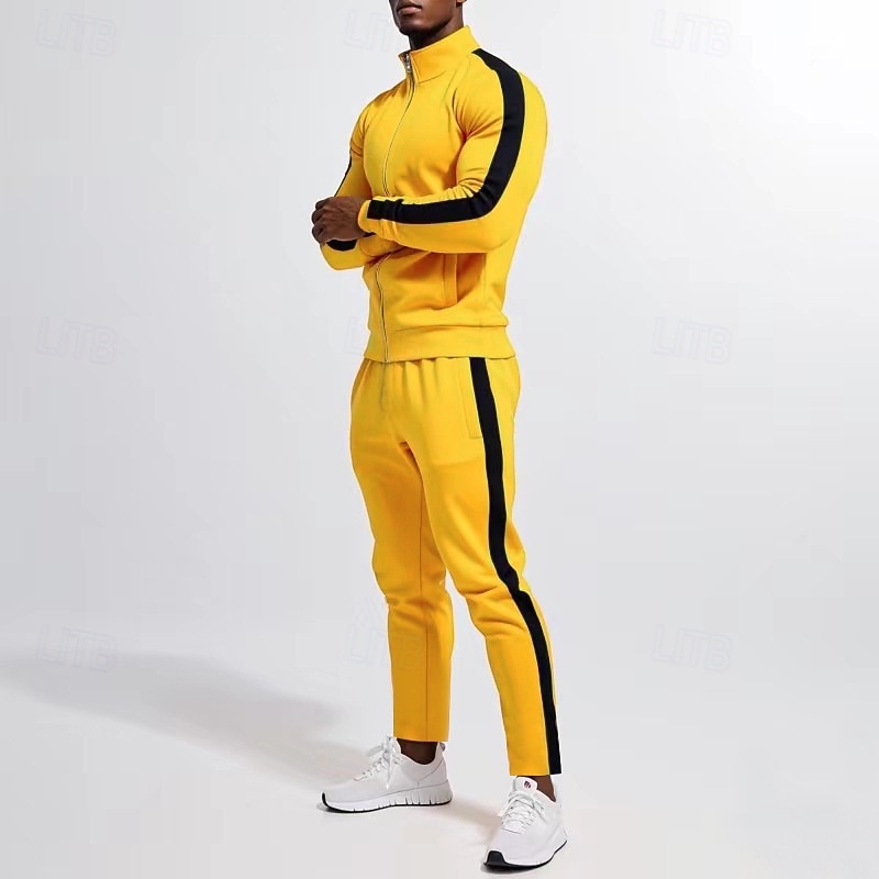 Herr Tröja Träningsoverall Outfit set Hög krage Utomhus Dagligen Sport Snörning Dragkedja Ficka Färgblock Svart Gul Rubinrött Polyester Sportkläder Mode Streetwear Vår 2025 - $43.99 –P4