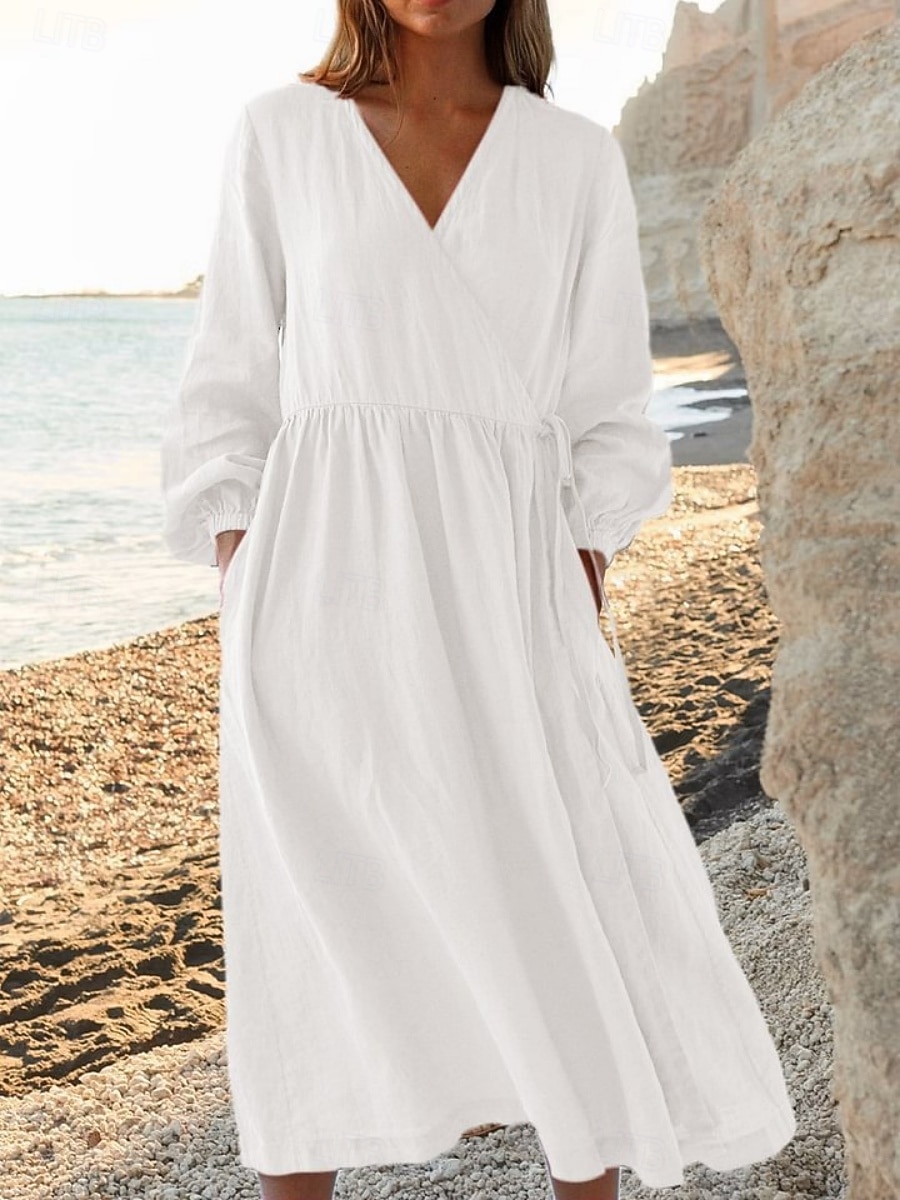 Women's Midi Dress Faux Cotton Linen A Line Dress Casual Daily Loose Fit Plain Long Sleeve V Neck Blue Black White Yellow Summer Spring Fall 2026 - $35.99 –P1