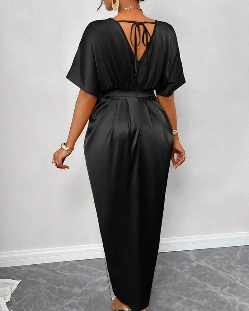 Femmes Robe Longue Maxi Robe Robe de Soirée Robe de Cocktail Robe en Satin Élégant Moderne Soirée Coupe régulière Uni Manche Courte Col en V Noir Jaune Bleu Roi Vert foncé Automne Hiver de 2025 ? $34.99 –P16
