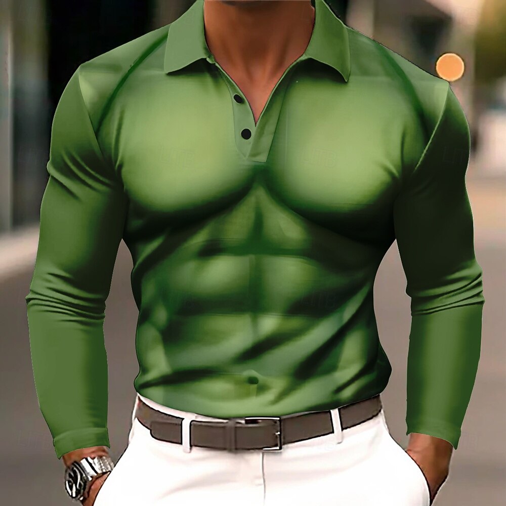 Men's Simulation Polo Long Sleeve Polo Shirts Lapel Casual Street Daily Wear 3D Print Buttons Spring Fall Winter Dark Brown Green Gray 2026 - $22.99 –P1