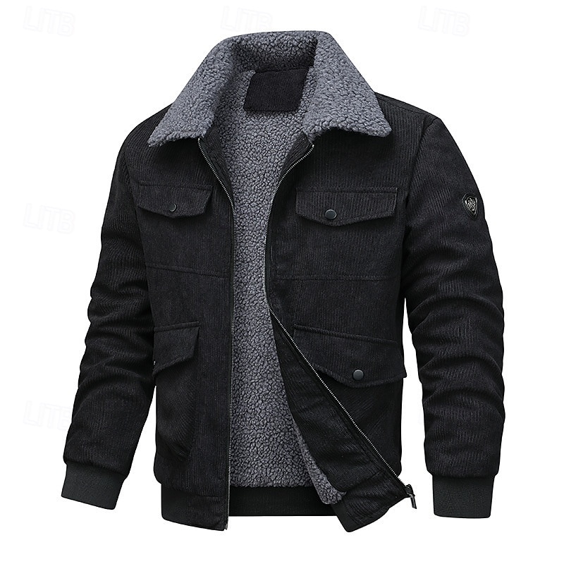 Men's Corduroy Jacket Fleece Jacket Formal Home Thermal Warm Pocket Fleece Collar Fall Winter Solid Color Active Neutral Regular Black Brown Gray Jacket 2025 - $58.99 –P5