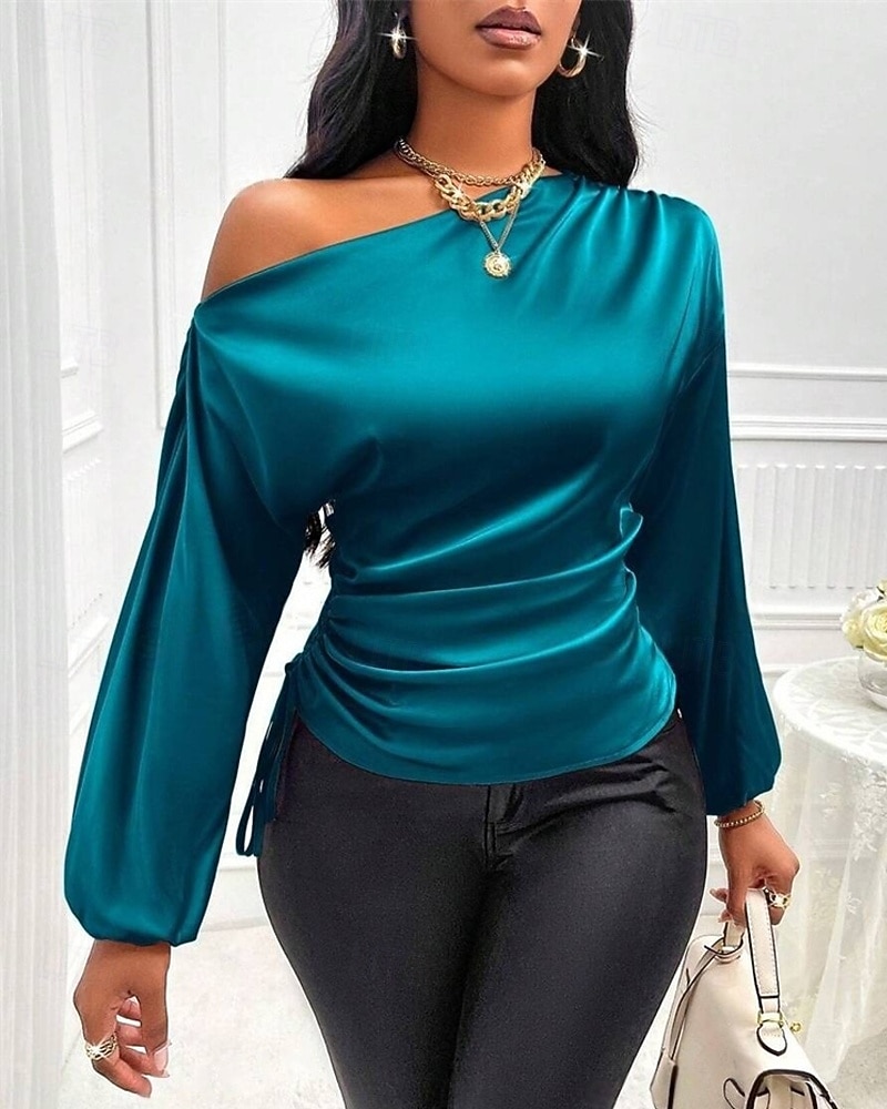 Dames Overhemd Elegant Chic Satijn Effen Elegant Stijlvol Basic Lange mouw koude schouder Normale tops Dagelijks Uitgaan Asymmetrisch Zwart blauw Bruin Groen Zomer Lente Herfst 2025 - $25.99 –P1