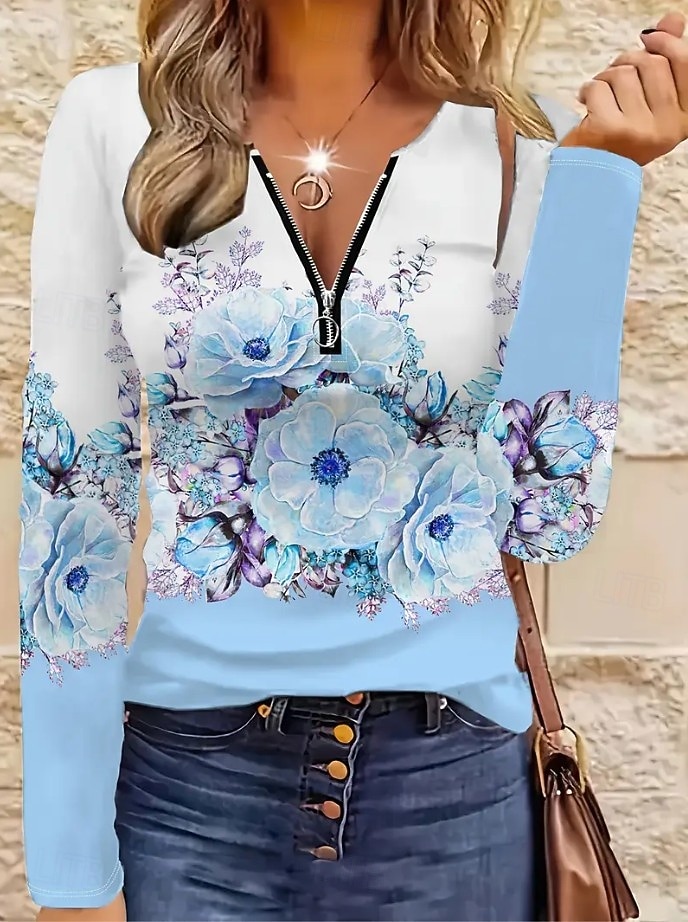 Женская футболка с короткой молнией на груди длинный рукав повседневная графическая tribal винтажная бохо тропическая гавайская V-образный вырез обычные топы для повседневной носки черная весна осень 2026 - $25.99 –P5