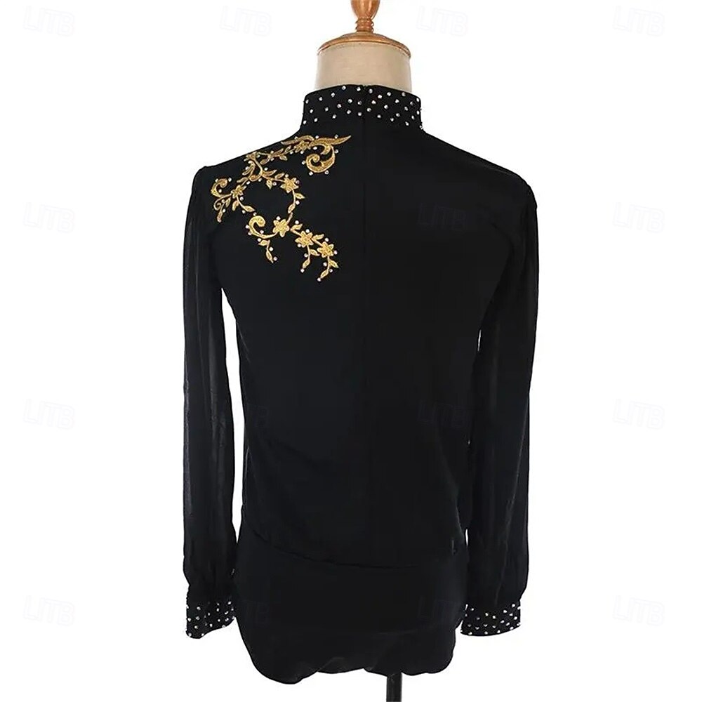 Figure Skating Top Men's Boys' Ice Skating Tops Black Patchwork Spandex High Elasticity Training Competition Skating Wear Classic Crystal / Rhinestone Long Sleeve Ice Skating Figure Skating 2025 - $338.09 –P3