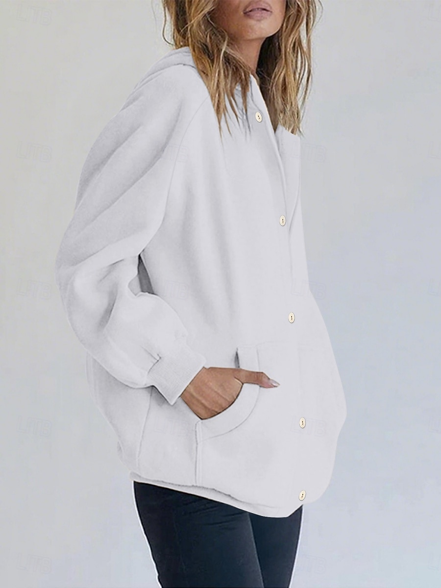 Mulheres Casaco com capuz Confortável Respirável Bolsos Botões Casual Tecido Férias Rua Casual Roupa Diária Não Trespassado Padrão Com Capuz Normal Manga Longa agasalhos Branco Amarelo Azul Primavera de 2026 por $28.99 –P15