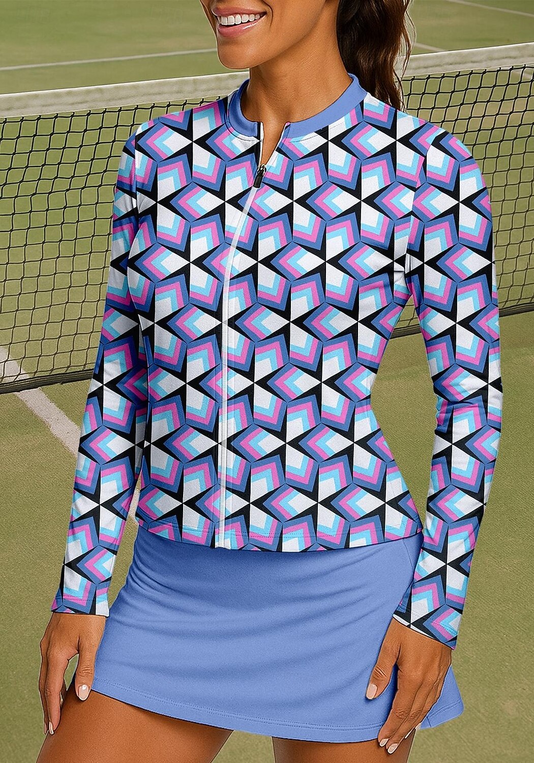 Dames Geometrisch Sportshirt Tennisshirt Tennistop Lange mouw Vetoketju Bloemig UPF50+ UV-bestendig Hoge Elasticiteit Vochtregelerend Ademend Volleybal Tennis Golf Opstaand Rits kraag Hemd Sweatshirt 2026 - $20.99 –P3