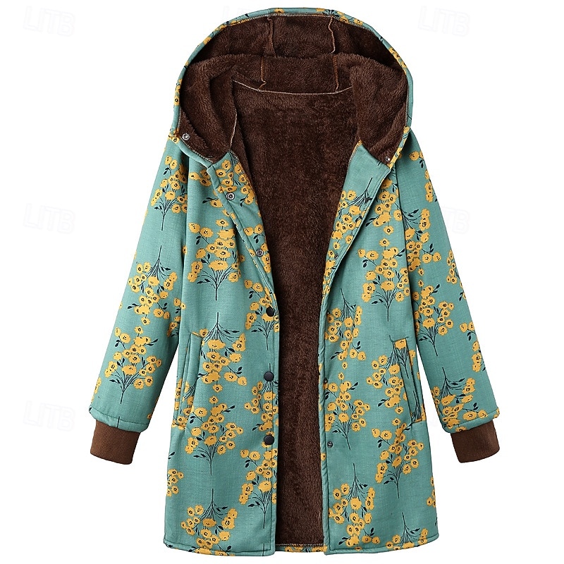 Damen Wintermantel Mantel Kapuzenjacke Warm Bequem Tasche Knöpfe Lässig Blumen Urlaub Ausgehen Wochenende Regulär Kapuzenpullover Normale Passform Langarm Oberbekleidung Weiß Gelb Rote Herbst Winter 2025 - $39.99 –P5