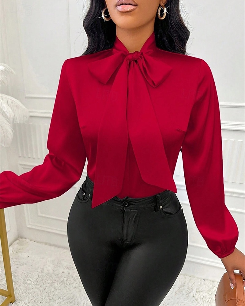 Women's Shirt Elegant Dressy Satin Top Bow Solid Color Elegant Stylish Basic Long Sleeve Tie Neck High Neck Regular Tops Daily Going out Red Spring Fall 2026 - $26.99 –P2