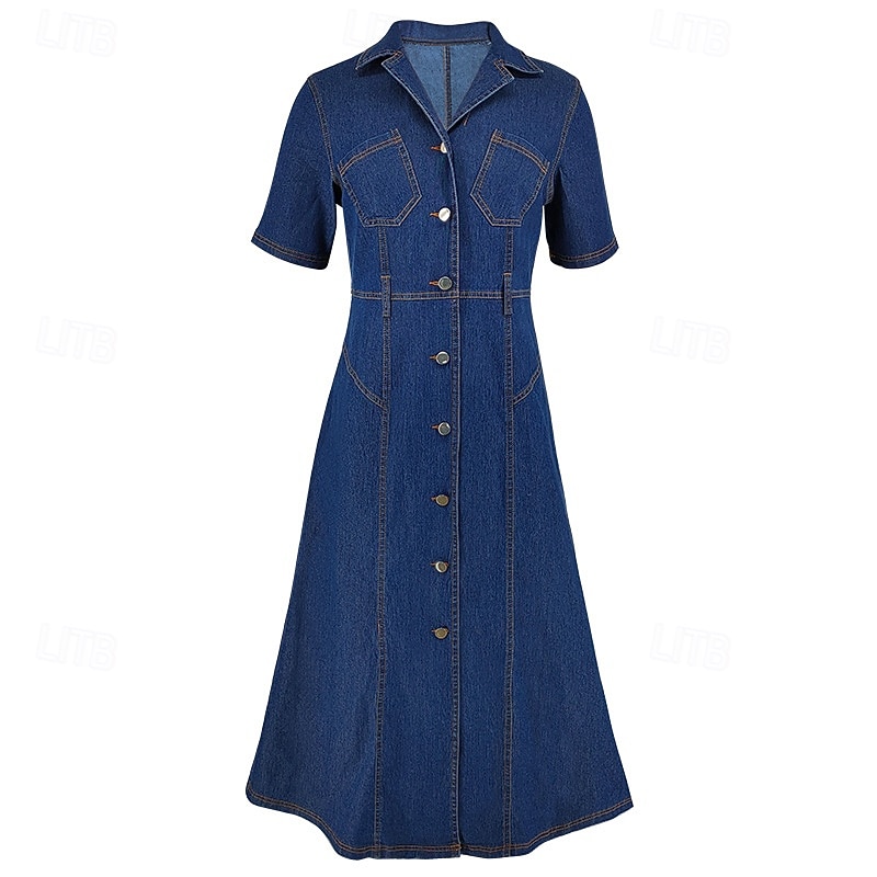 Pentru femei Rochii Midi Rochii din denim Rochii Tip Cămașă Rochie casual Modă Modern În aer liber Zilnic Ieșire Fit regulat Simplu Manșon scurt Guler Cămașă Albastru Închis Primăvară Toamnă 2025 - $59.99 –P6