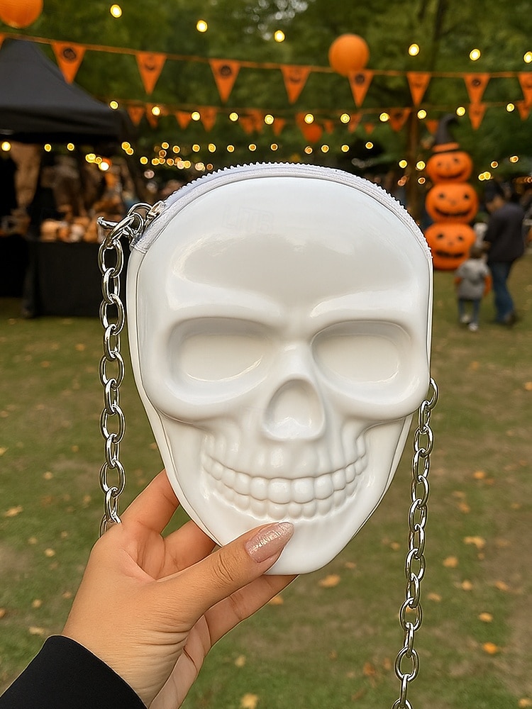 Dámská halloweenská crossbody kabelka s motivem lebky a řetízkem, 3D kostra přes rameno, gotická párty psací kabelka na kostýmy, cosplay a noční život. 2025 - $18.99 –P2