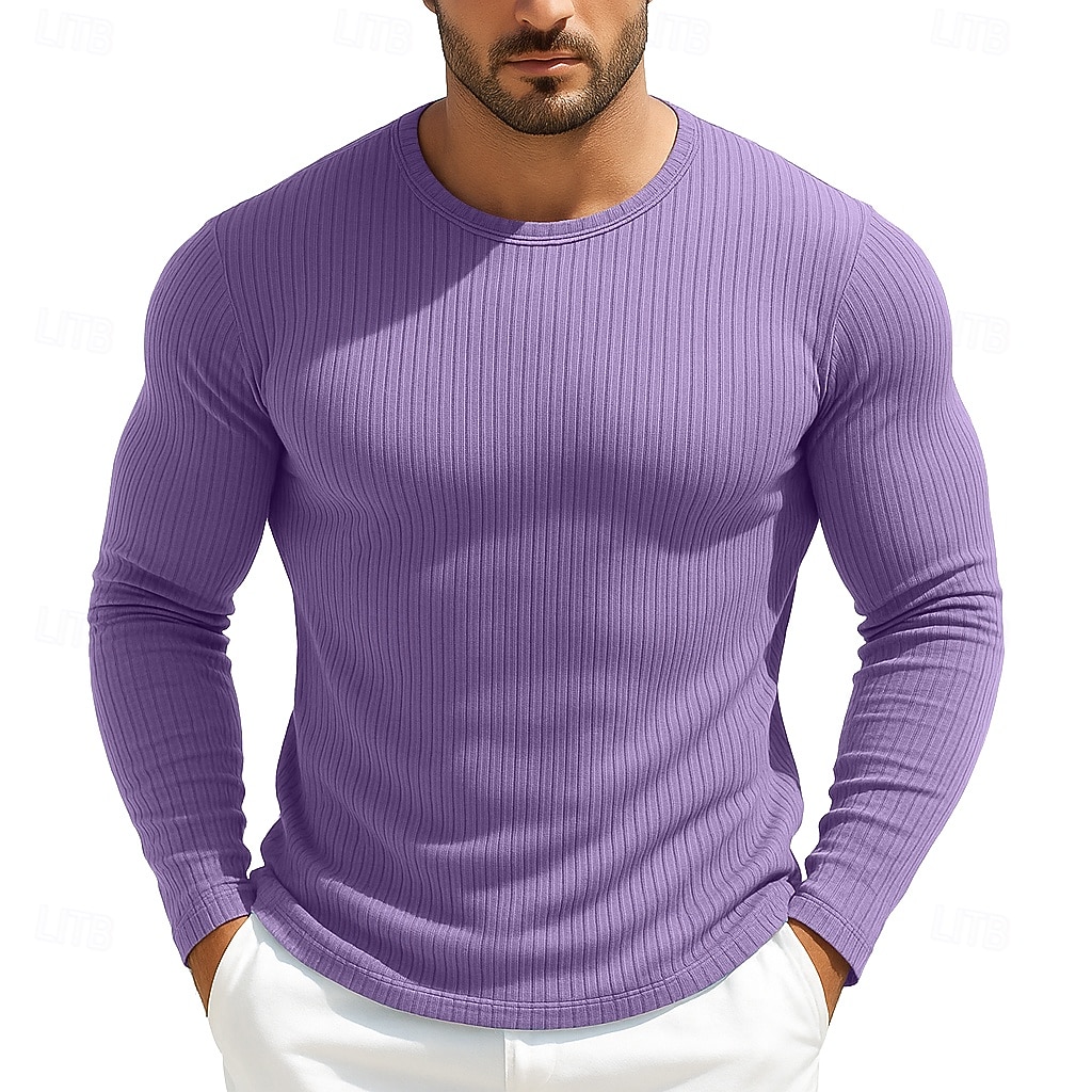 Men's T Shirt Ribbed Knit tee Tee Top Long Sleeve Shirt Long Sleeve Crew Neck Spring Fall All Seasons Plain Textured Pit Strip Fashion Designer Basic Knitting Casual Vacation Street Purple Top Tee 2026 - $20.99 –P5