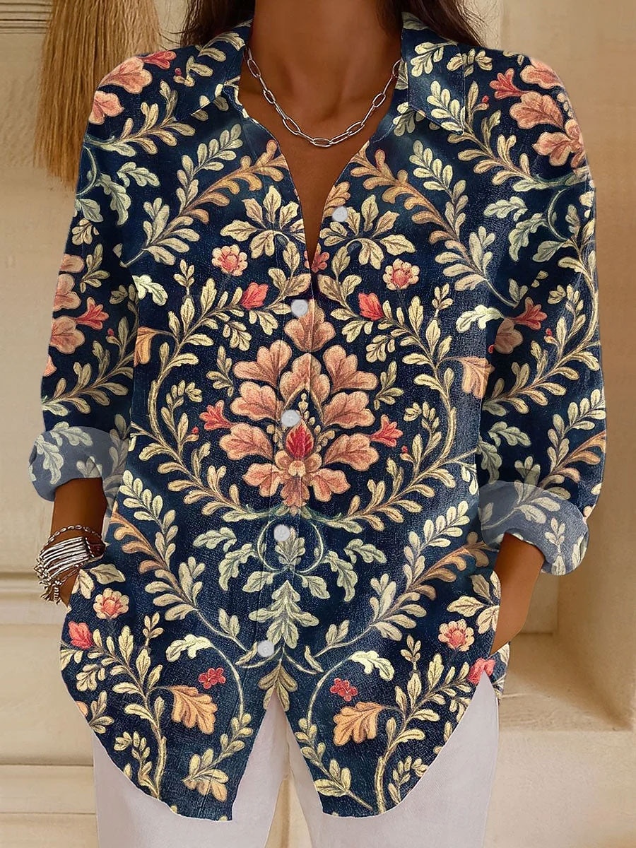  Dámská košile z lněného materiálu prodyšná lehká grafická geometrická abstraktní vintage tropická každodenní dlouhý rukáv límec běžné topy každodenní prázdninový potisk černá červená modrá fialová 2026 - $36.99 –P3