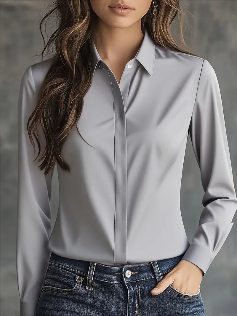 Mujer Elegant Elegante Top de satén Blusa Plano Elegante Diario Manga Larga Escote en Pico Tops regulares Negro Blanco Gris Otoño 2026 - $25.99 –P2